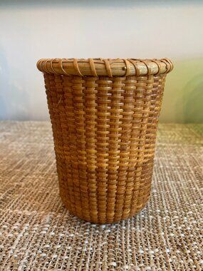 Vintage Nantucket Style Small Cylinder Wooden Base Handmade Desk Pencil Basket
